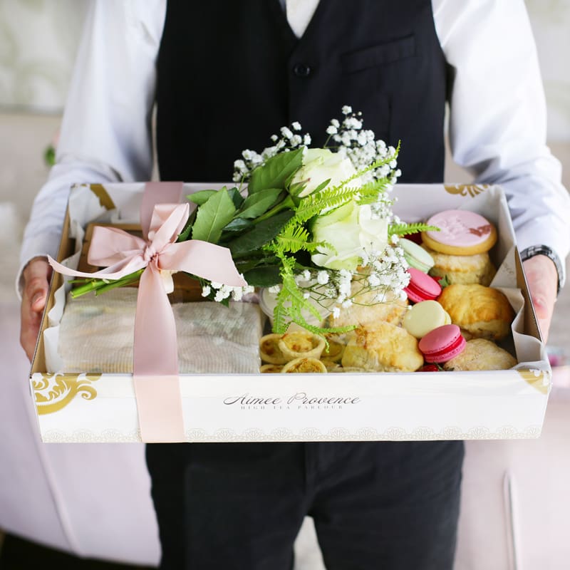 fresh flowers on a hamper
