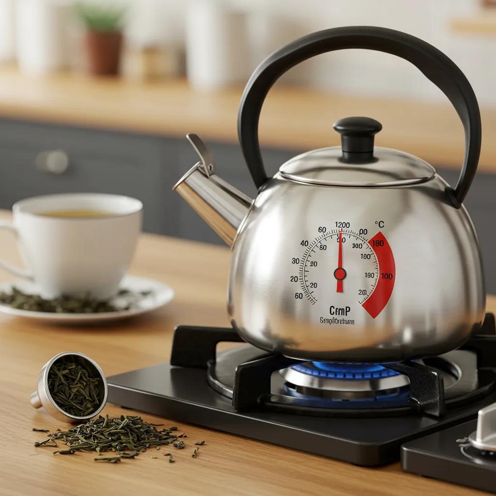Kettle with thermometer indicating ideal water temperature for brewing green tea, surrounded by tea leaves and a cup