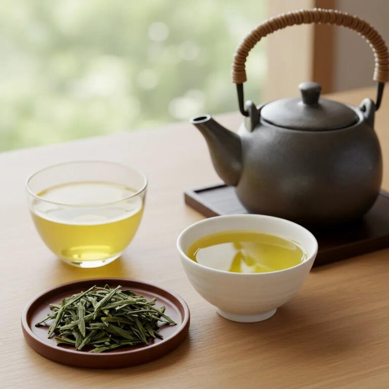 Traditional Japanese tea setup with teapot, loose green tea leaves, and a cup of brewed green tea, showcasing the art of tea brewing