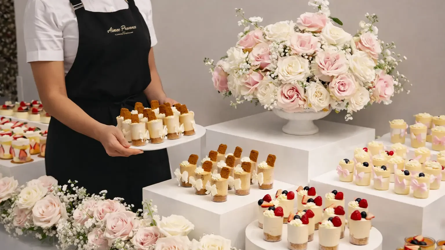 High Tea Catering Luxury high tea catering setup in Brisbane featuring elegant dessert displays, pastel florals and styled table presentation by Aimee Provence.